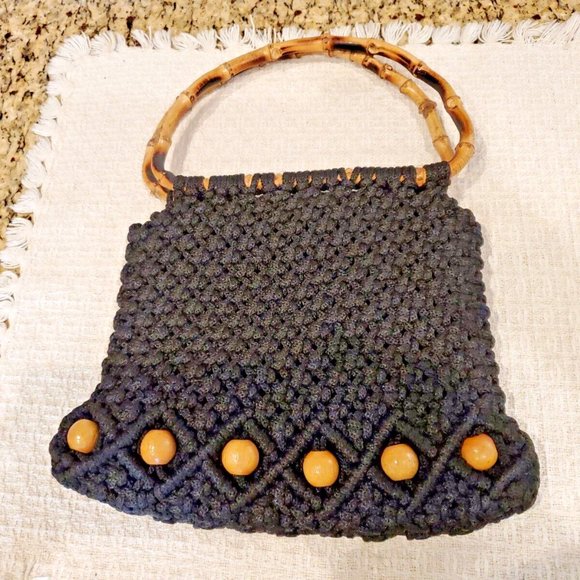 Vintage Boho Black Macrame Purse with Wood Beads & Rattan Handle - Picture 2 of 5